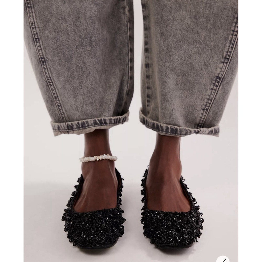 Free People Weekends Out Embellished Flats Black Beaded Square Toe Ballet Shoe 7